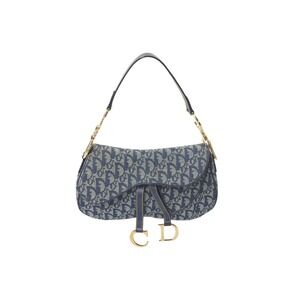 Christian Dior Trotter Double Saddle Bag Canvas Leather Navy Blue Gold